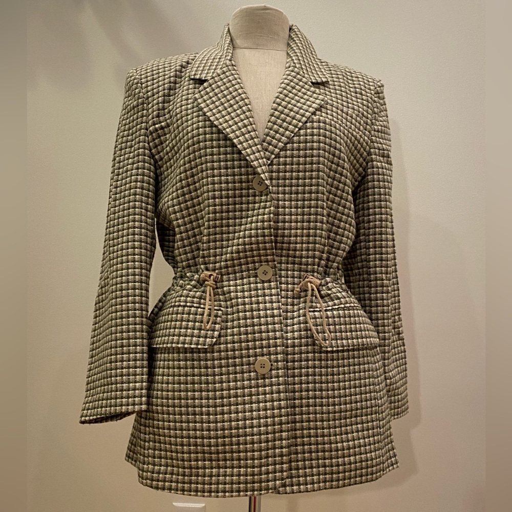 Jordan & Cole Womens Blazer w Ties to Cinch Waist / White, Green Tan Check / M